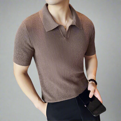 Men Knitted Polo Shirt 2024 Summer Light and Thin Solid Color Casual Elastic Slim Fit Short Sleeved V-Neck T-Shirt Men Clothing