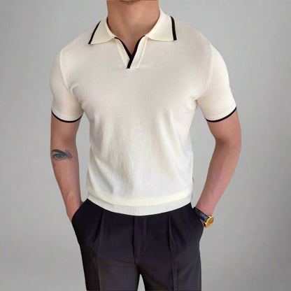 Slim-Fit Buttonless Polo Shirt in Navy and White 