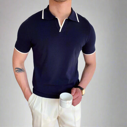 Slim-Fit Buttonless Polo Shirt in Navy and White 