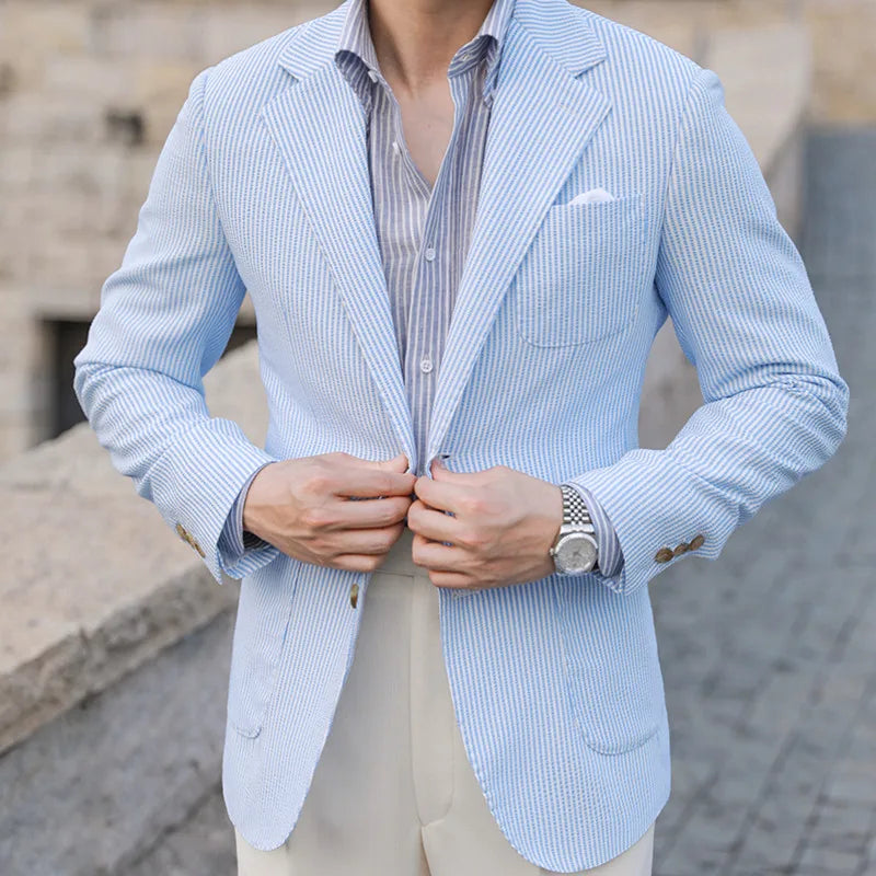 Light Blue Striped Seersucker Wide Lapel Blazer