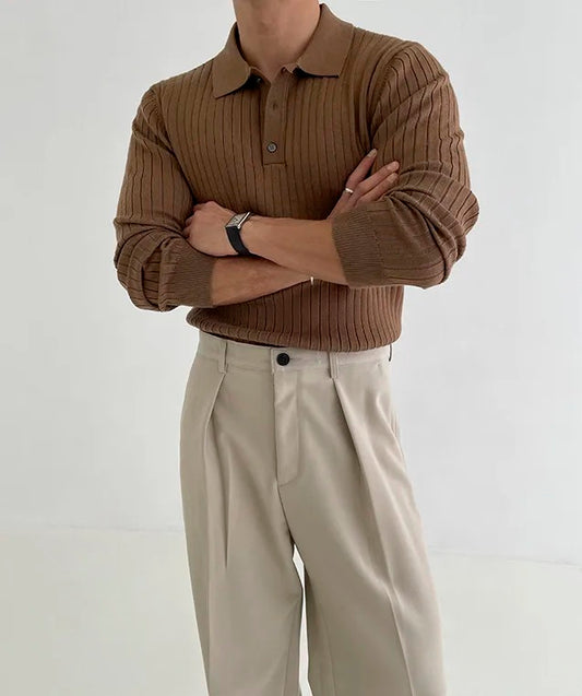 Ribbed Long Sleeve Polo - Brown