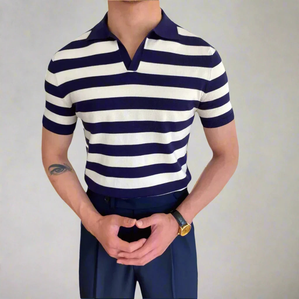 Slim-Fit Buttonless Polo Shirt in Navy and White 