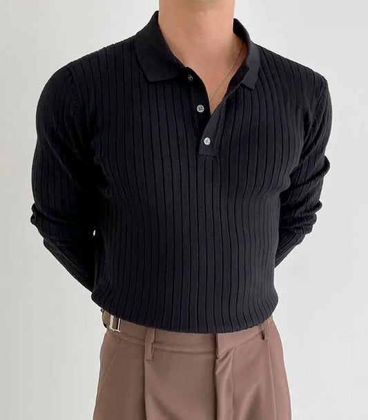 Ribbed Long Sleeve Polo - Black