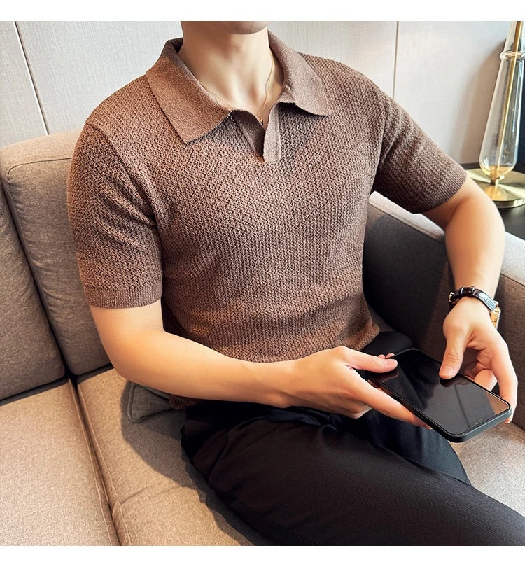 Buttonless Knit Polo Shirt - Mocha Brown