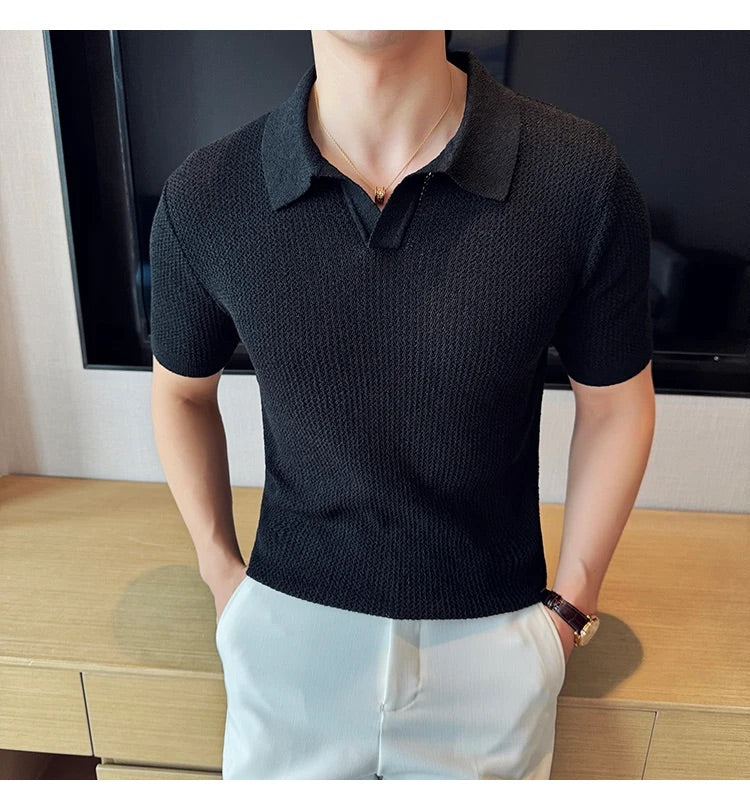 Buttonless Knit Polo Shirt - Black